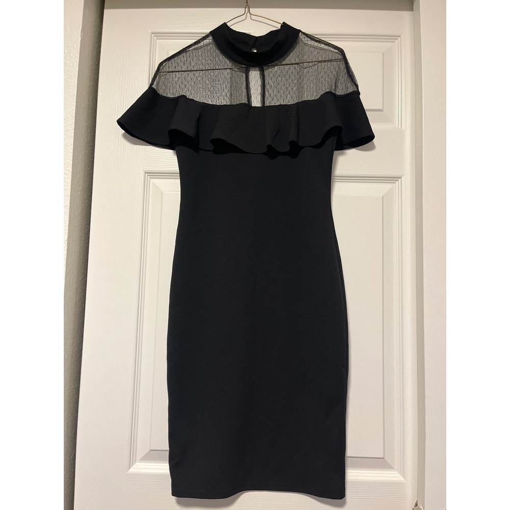 Black Sheer Neckline Ruffle Sleeve Cocktail Party Dress Women